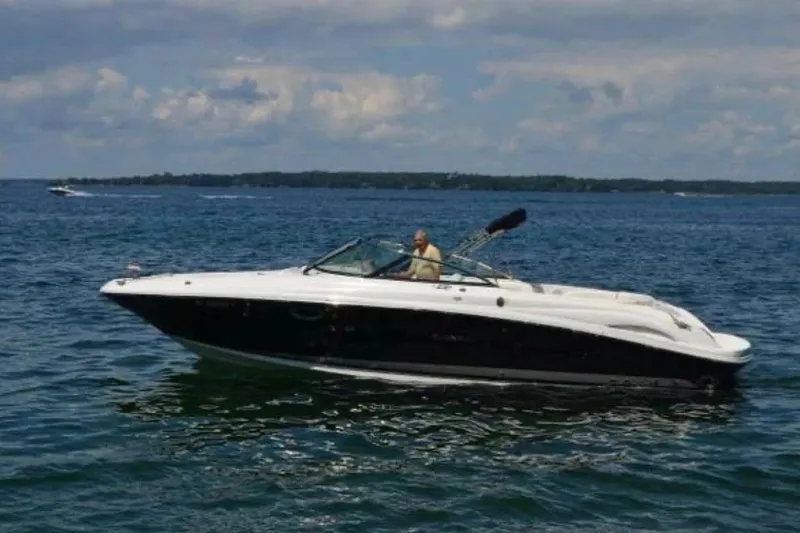 The Image of 2005 Sea Ray 290 SLX boat cruising on a calm lake under a partly cloudy sky. - 1