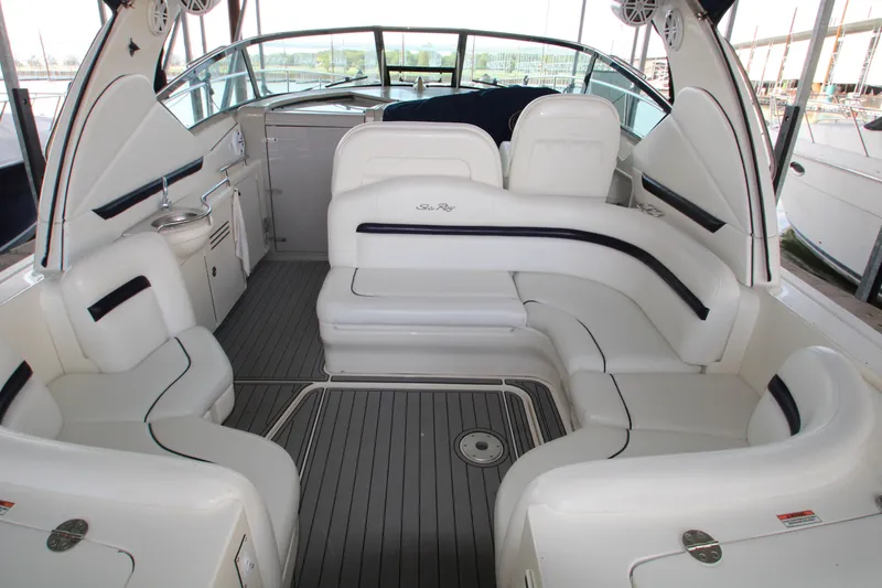 Slide: The Image of Luxurious 2008 Sea Ray 38 Sundancer yacht interior with spacious seating. - 1