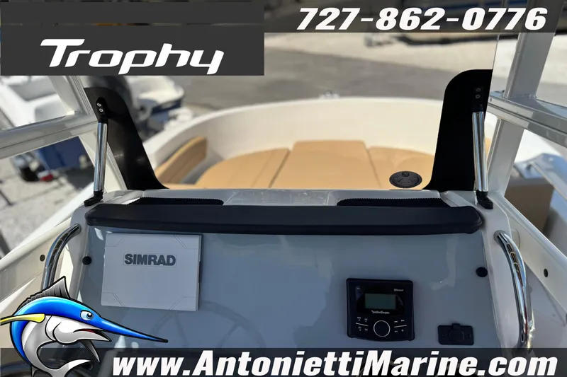 Slide: The Image of 2026 Bayliner Trophy T20CC dashboard with Simrad electronics, showcased by Antonietti Marine. - 23