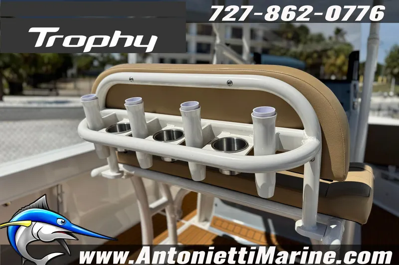 Slide: The Image of 2026 Bayliner Trophy T20CC boat seat with rod holders and cup holders, Antonietti Marine branding. - 15