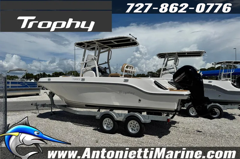 Slide: The Image of 2026 Bayliner Trophy T20CC boat on trailer at Antonietti Marine dealership. - 3