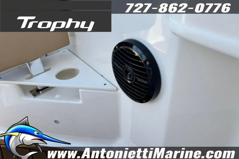 Slide: The Image of 2026 Bayliner Trophy T20CC boat interior with speaker detail, Antonietti Marine branding. - 24