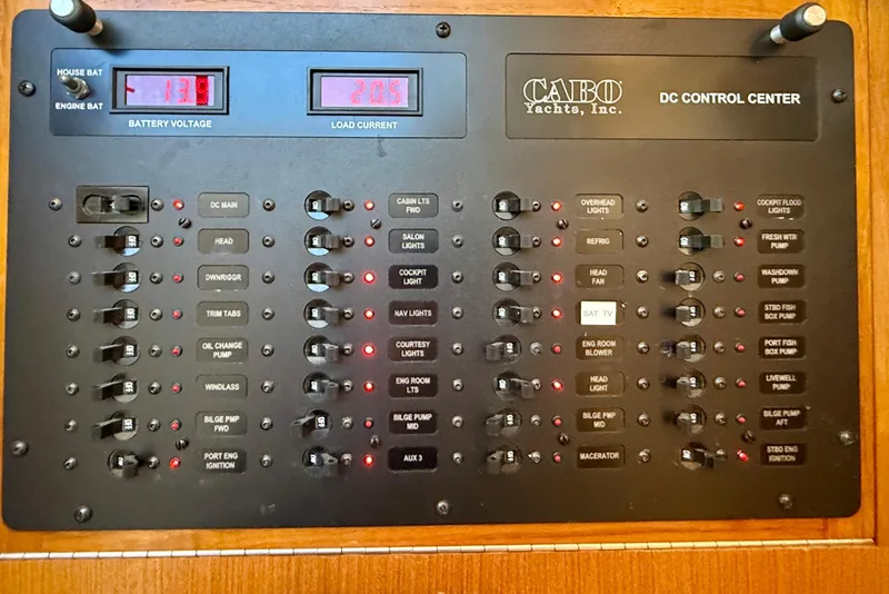 Slide: The Image of Cabo 35 Flybridge 2004 DC control panel with battery voltage and load current displays. - 31
