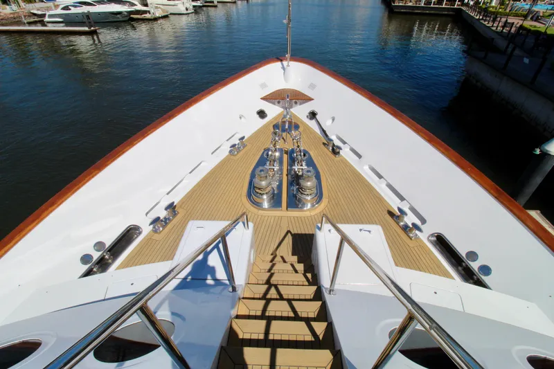 Slide: The Image of Bow view of 1988 Sterling 137 yacht with teak deck and polished fittings. - 24