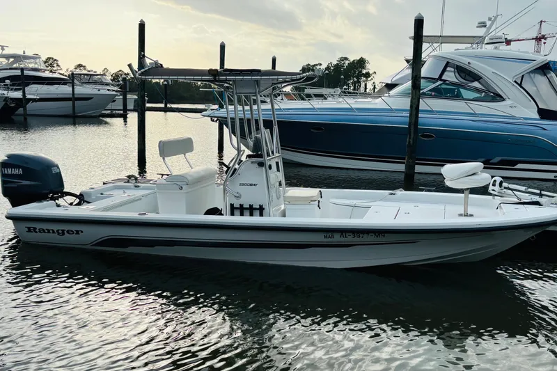Slide: The Image of 2006 Ranger 2200 Bay Ranger boat docked in marina, featuring Yamaha outboard motor. - 10
