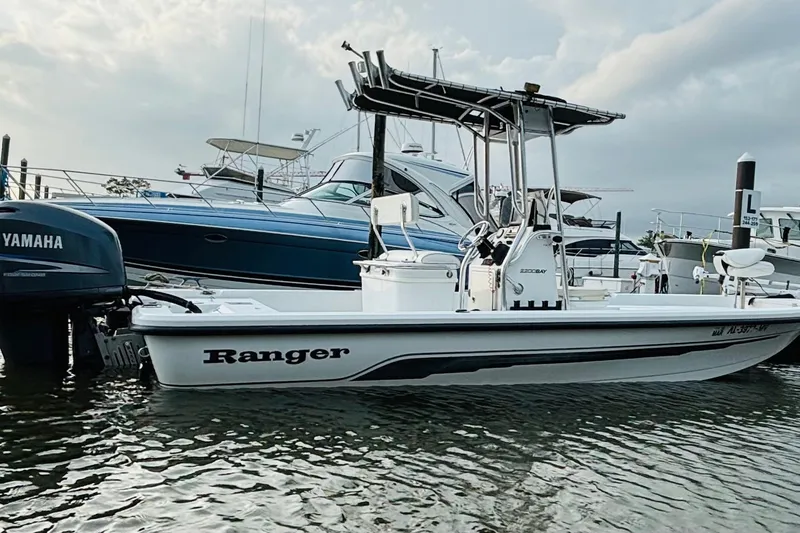 Slide: The Image of 2006 Ranger 2200 Bay Ranger boat docked with Yamaha outboard motor. - 11