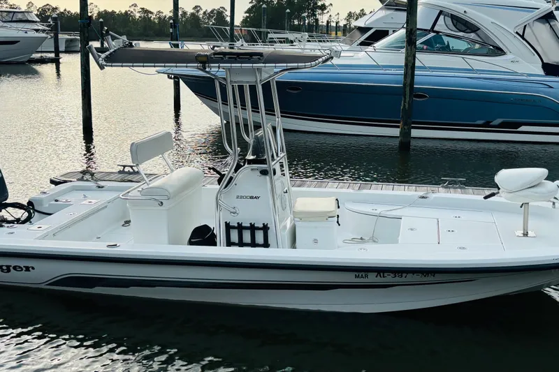 Slide: The Image of 2006 Ranger 2200 Bay Ranger boat docked in a marina, side view. - 13