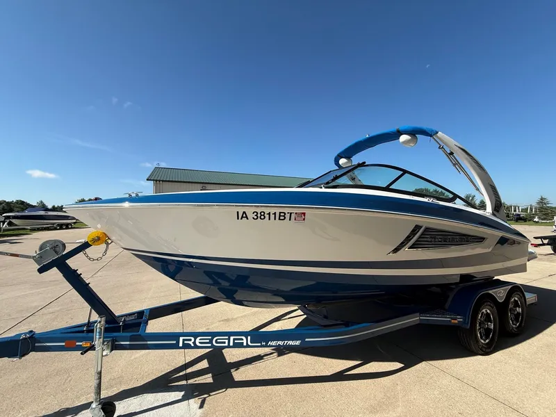 Slide: The Image of A 2019 Regal 23 RX Bowrider on a trailer, ready for the water. - 2