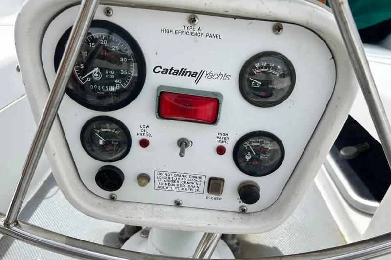 Slide: The Image of Control panel of a 1998 Catalina 36 MkII yacht with gauges and warning indicators. - 21