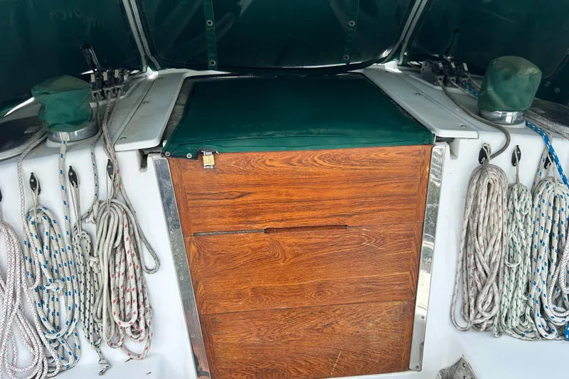 Slide: The Image of Cockpit of 1998 Catalina 36 MkII sailboat with ropes and wooden hatch. - 30