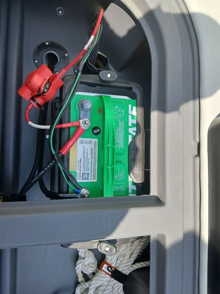 Slide: The Image of Battery in a boat with cables and ropes nearby. - 25