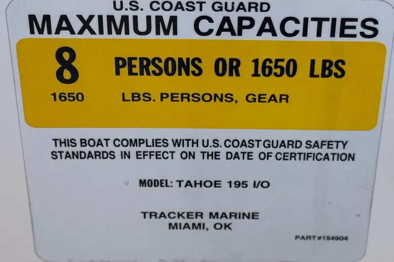 Slide: The Image of Boat capacity label for Tahoe 195, 2010 model, 8 persons or 1650 lbs. - 29