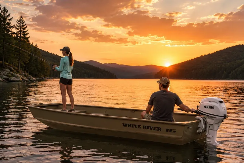 Slide: The Image of Two people fishing on a 2025 White River Topper 1542 Jon Boat at sunset. - 9