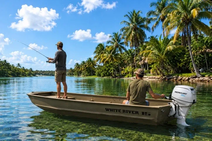Slide: The Image of Two people fishing on a 2025 White River TOPPER 1542 Jon Boat in a tropical setting. - 10