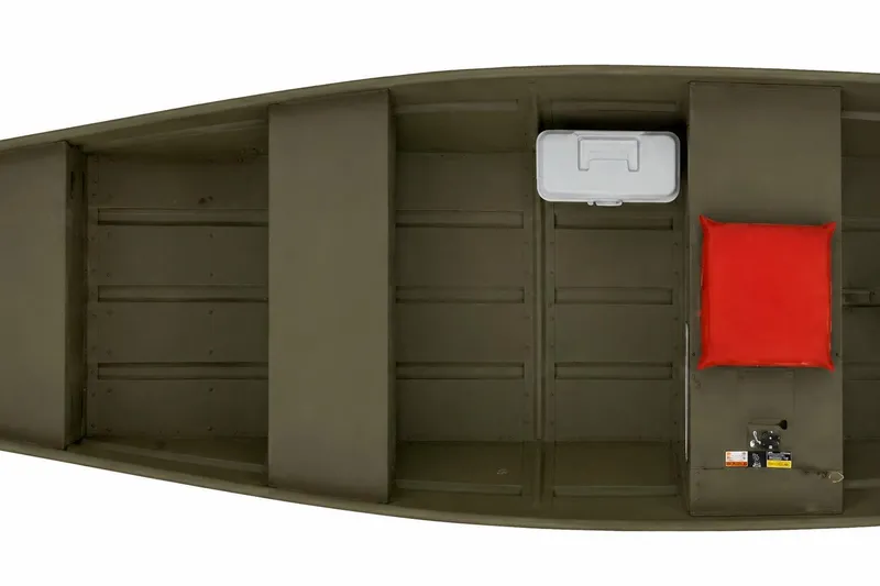 Slide: The Image of 2025 White River TOPPER 1036 boat interior with red cushion and white cooler. - 4
