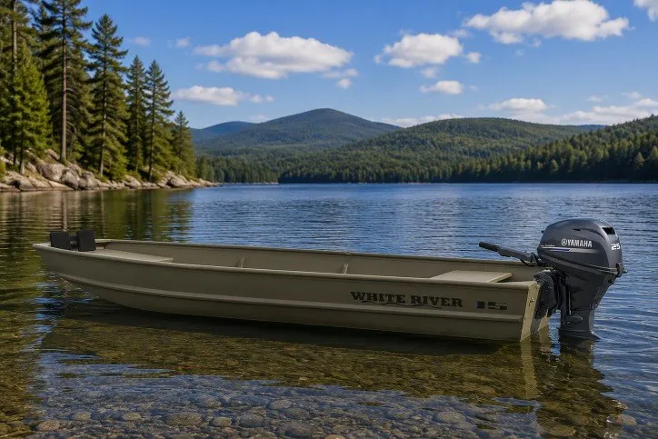 The Image of 2025 White River TOPPER 1542 Jon Boat on serene lake with forested hills. - 8