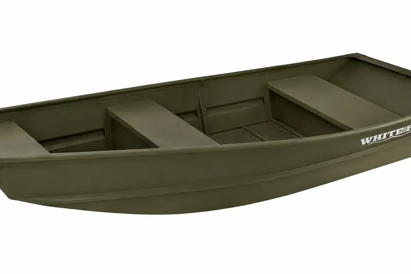 Slide: The Image of 2025 White River TOPPER 1036 boat, olive green, side view, featuring bench seats. - 5