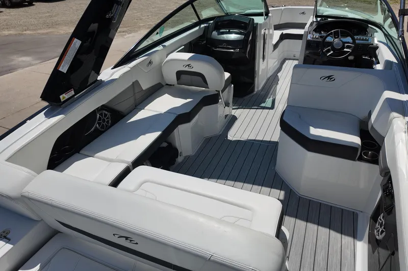 Slide: The Image of 2017 Monterey 258SS Super Sport boat interior with sleek seating and modern dashboard design. - 14