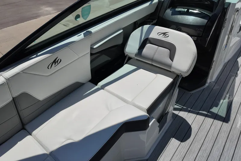 Slide: The Image of 2017 Monterey 258SS Super Sport boat interior with sleek white seating and modern design. - 20