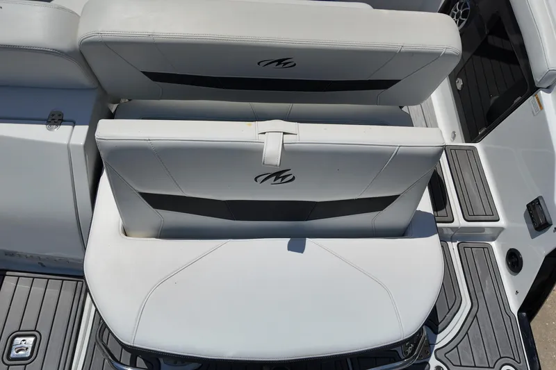 Slide: The Image of 2017 Monterey 258SS Super Sport boat seating with sleek white upholstery and modern design. - 9