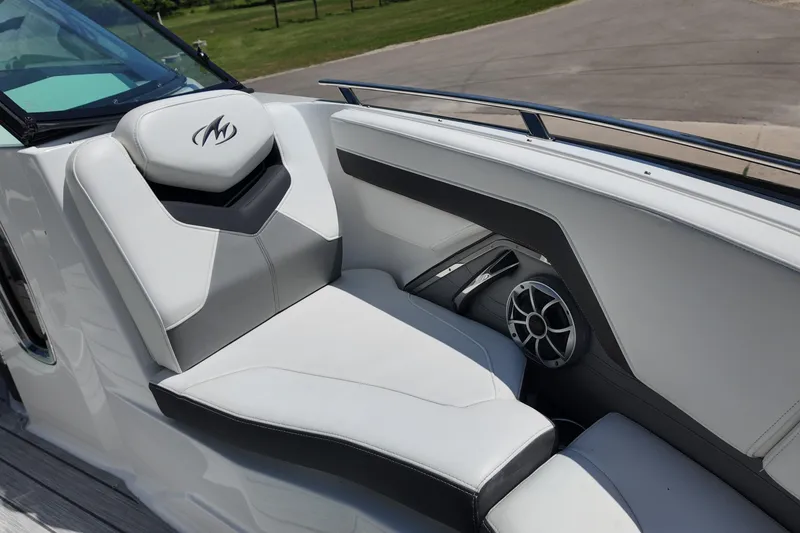 Slide: The Image of 2017 Monterey 258SS Super Sport boat interior with white seating and speaker. - 31