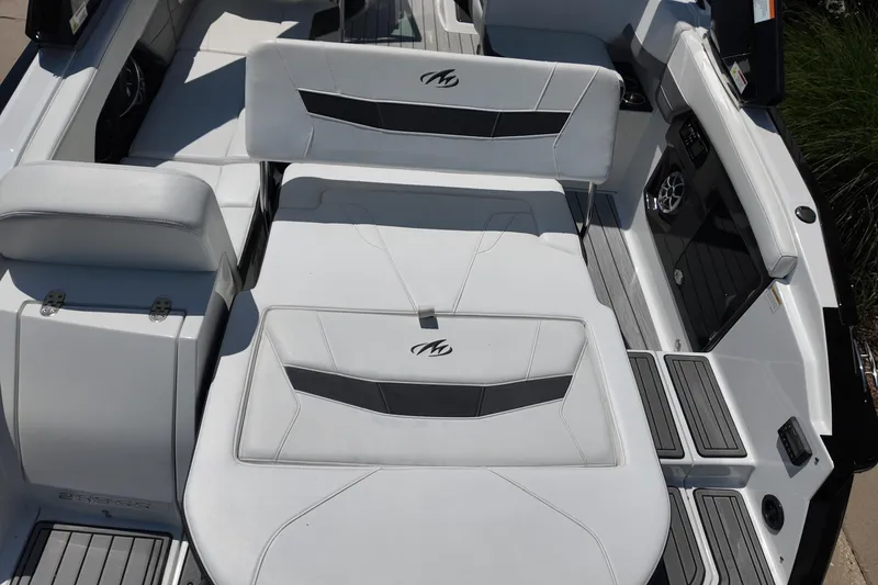Slide: The Image of 2017 Monterey 258SS Super Sport boat interior with white seating and sleek design. - 10