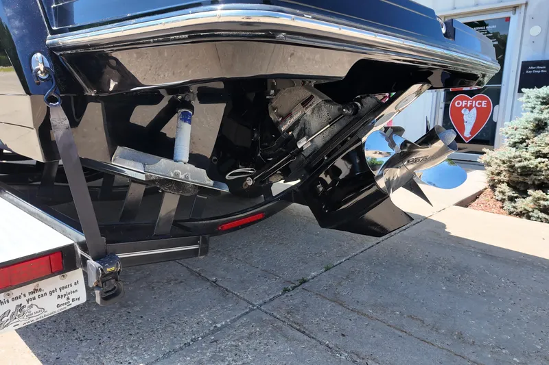 Slide: The Image of 2017 Monterey 258SS Super Sport boat on trailer, showcasing propeller and stern drive. - 5
