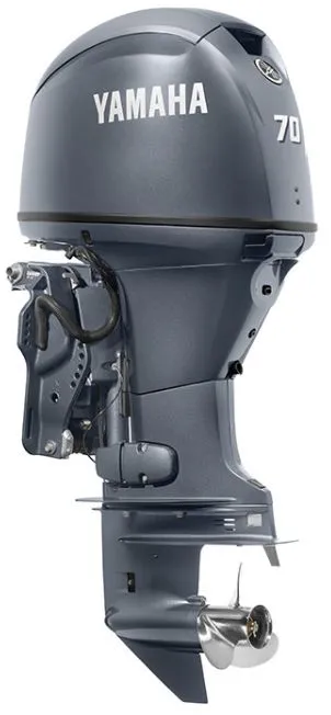 Slide: The Image of Yamaha F70LB outboard motor, 2025 model, in gray color. - 2