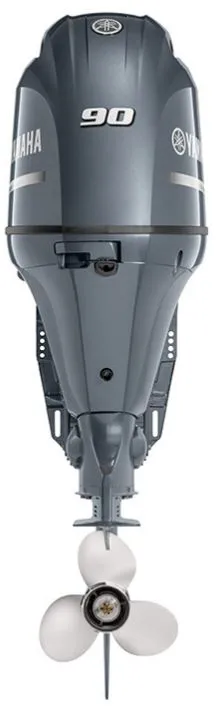 Slide: The Image of Yamaha F90LB outboard motor, 2024 model, in gray with a propeller. - 4