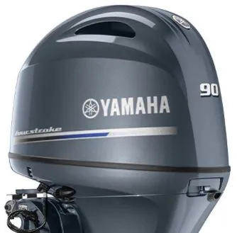 The Image of Yamaha F90LB outboard motor, 2024 model, in dark gray with silver accents. - 1