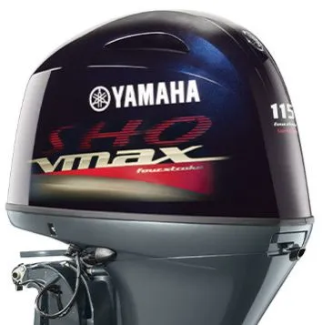 The Image of Yamaha VF115XA outboard motor with VMAX branding, glossy casing, and 115 horsepower. - 1