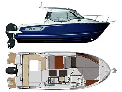 Slide: The Image of 2020 Jeanneau NC 795 with blue hull and cabin, showing side view and layout. - 20