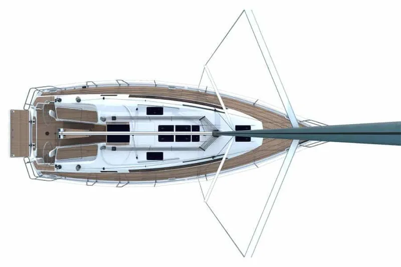 Slide: The Image of Top view of a 2014 Bavaria Cruiser 37 with spacious deck and clean lines. - 49