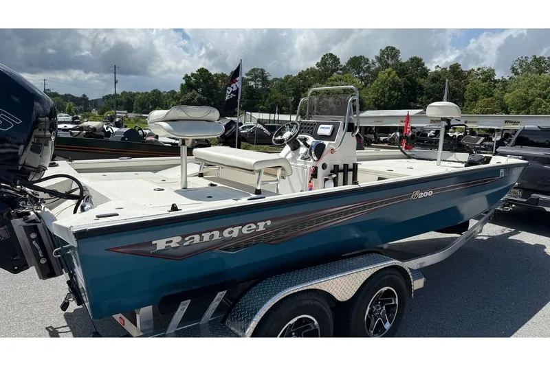Slide: The Image of 2022 Ranger RB200 boat with dual seats and console, parked on a trailer. - 11