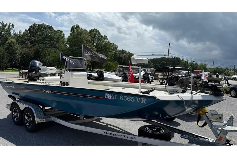Slide: The Image of 2022 Ranger RB200 boat on trailer, parked outdoors under cloudy sky. - 8