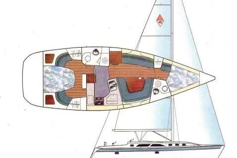Slide: The Image of 1999 Catalina 400 sailboat layout with interior design and side profile view. - 2