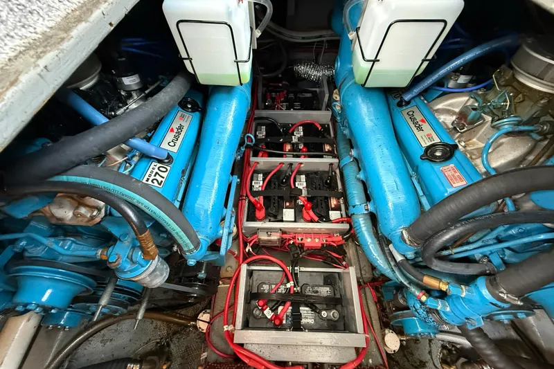 Slide: The Image of Engine room of 1985 Tollycraft 34 Sundeck Motor Yacht with Crusader Model 270 engines. - 49