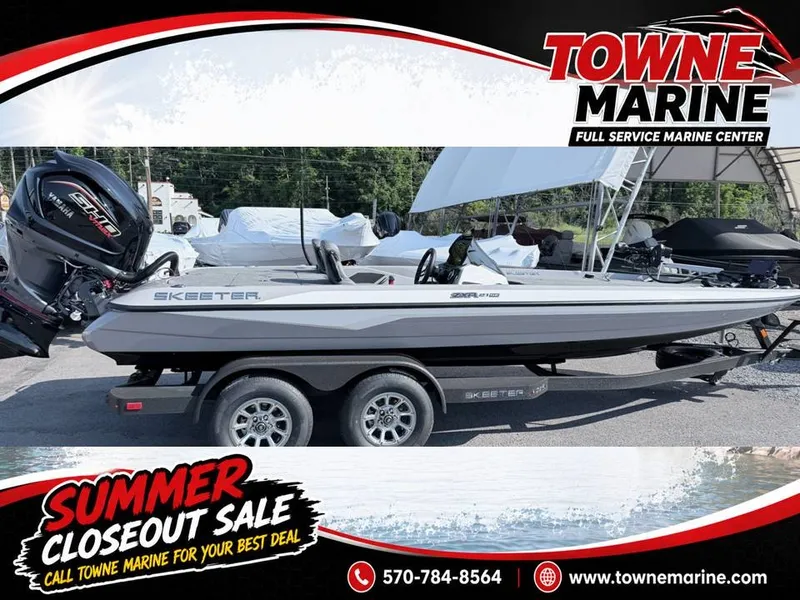 The Image of Skeeter ZXR21 SE 2026 on a trailer, surrounded by promotional graphics for a summer closeout sale. - 1