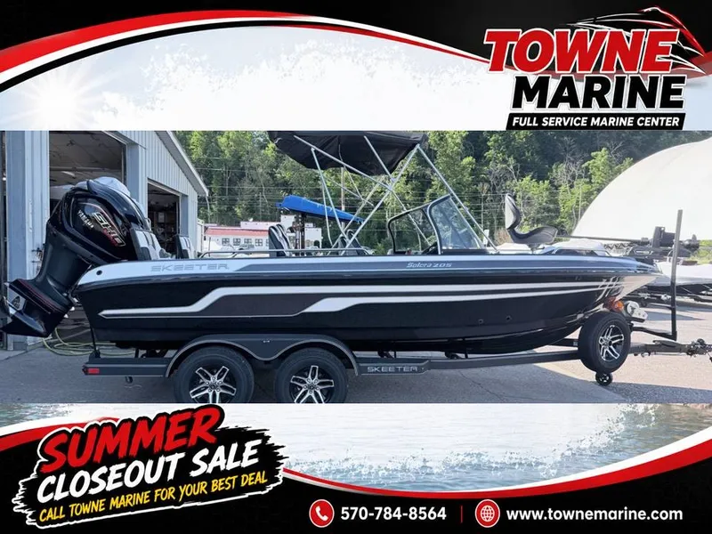 The Image of Summer closeout sale at Towne Marine featuring a Skeeter Solera 205 boat on a trailer. - 1