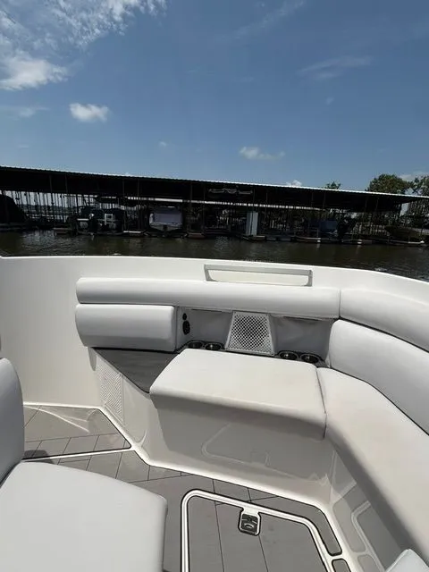 Slide: The Image of The image shows the cockpit of a 2021 Aviara AV32 with white upholstery. - 18