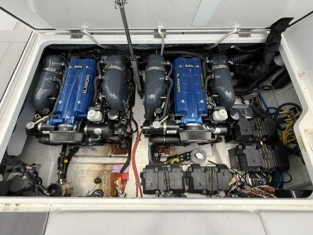 Slide: The Image of Engine compartment of a 2021 Aviara AV32 boat with two powerful engines. - 27
