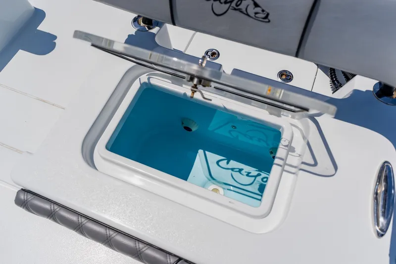 Slide: The Image of Open storage compartment on a 2021 Costa Custom Boats 264HC, featuring a sleek design. - 91