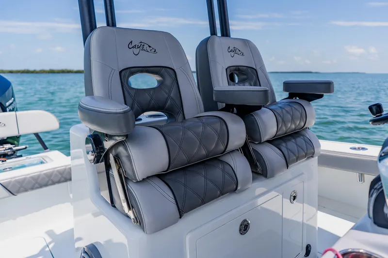 Slide: The Image of Luxury seating on 2021 Costa Custom Boats 264HC, featuring premium leather and ergonomic design. - 66