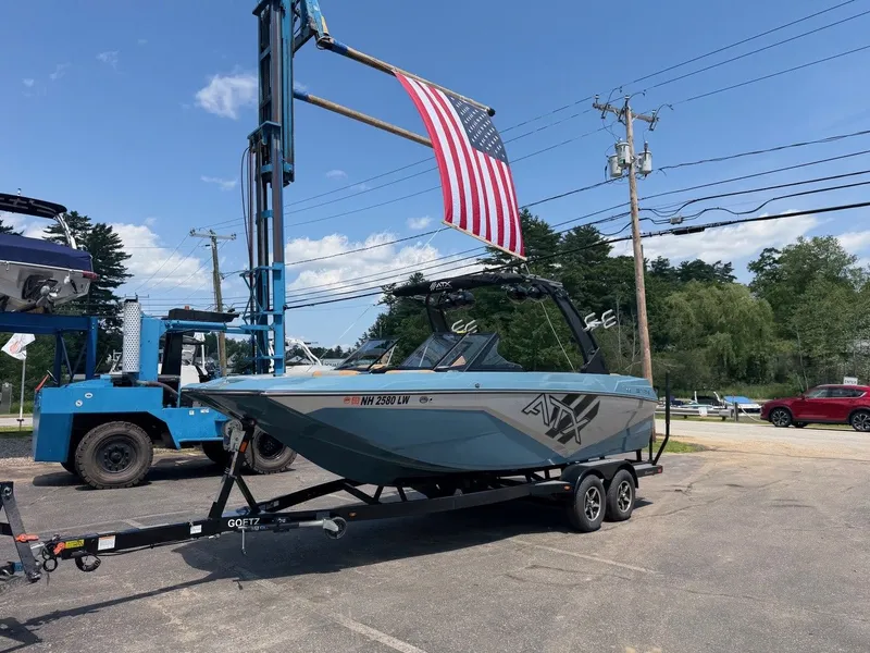 Slide: The Image of A 2021 ATX 22 Type-S boat on a trailer, with an American flag in the background. - 8