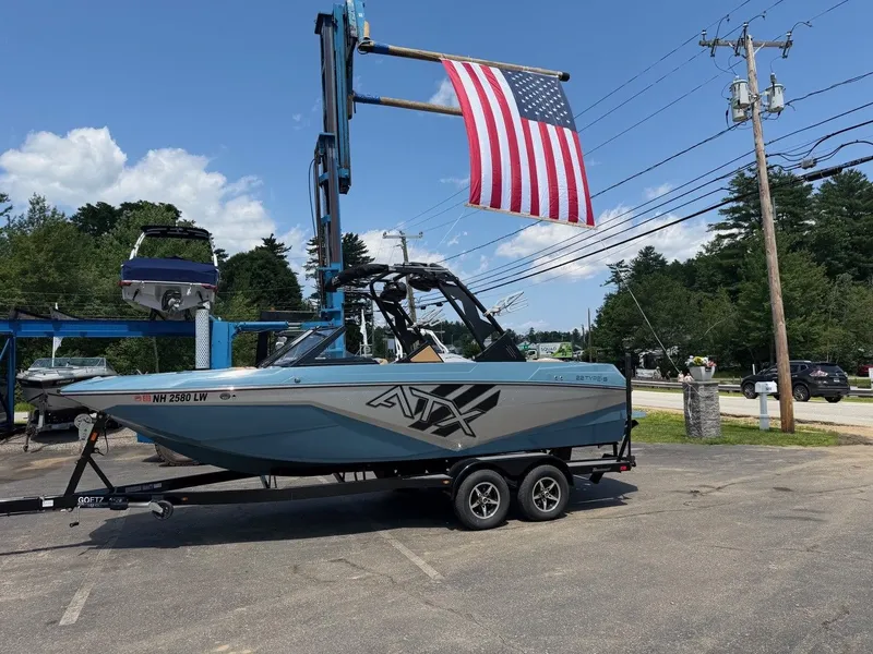 Slide: The Image of A 2021 ATX 22 Type-S boat on a trailer. A large American flag flies above. - 4