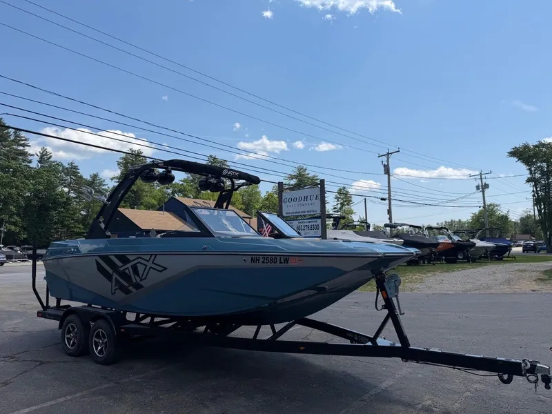 Slide: The Image of A 2021 ATX 22 Type-S boat on a trailer in a parking lot. - 13