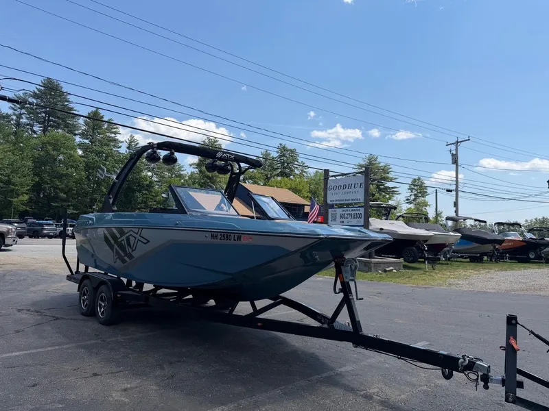 Slide: The Image of 2021 ATX 22 Type-S on a trailer, surrounded by trees and other boats. - 6
