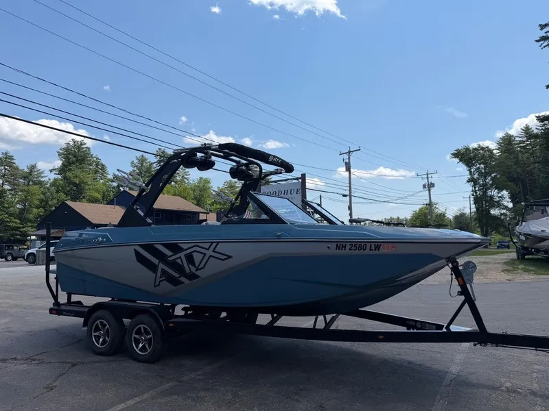 Slide: The Image of A 2021 ATX 22 Type-S boat on a trailer, parked in a lot. - 14