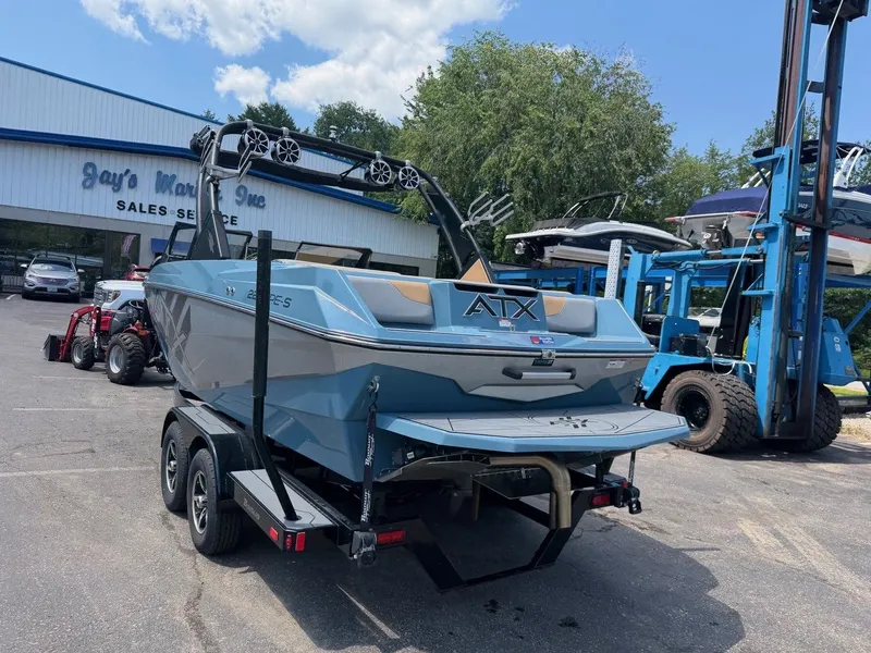 Slide: The Image of A 2021 ATX 22 Type-S boat on a trailer in front of a sales building. - 7