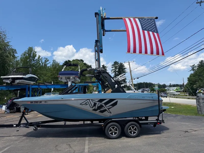 Slide: The Image of 2021 ATX 22 Type-S boat on a trailer, with an American flag in the background. - 5